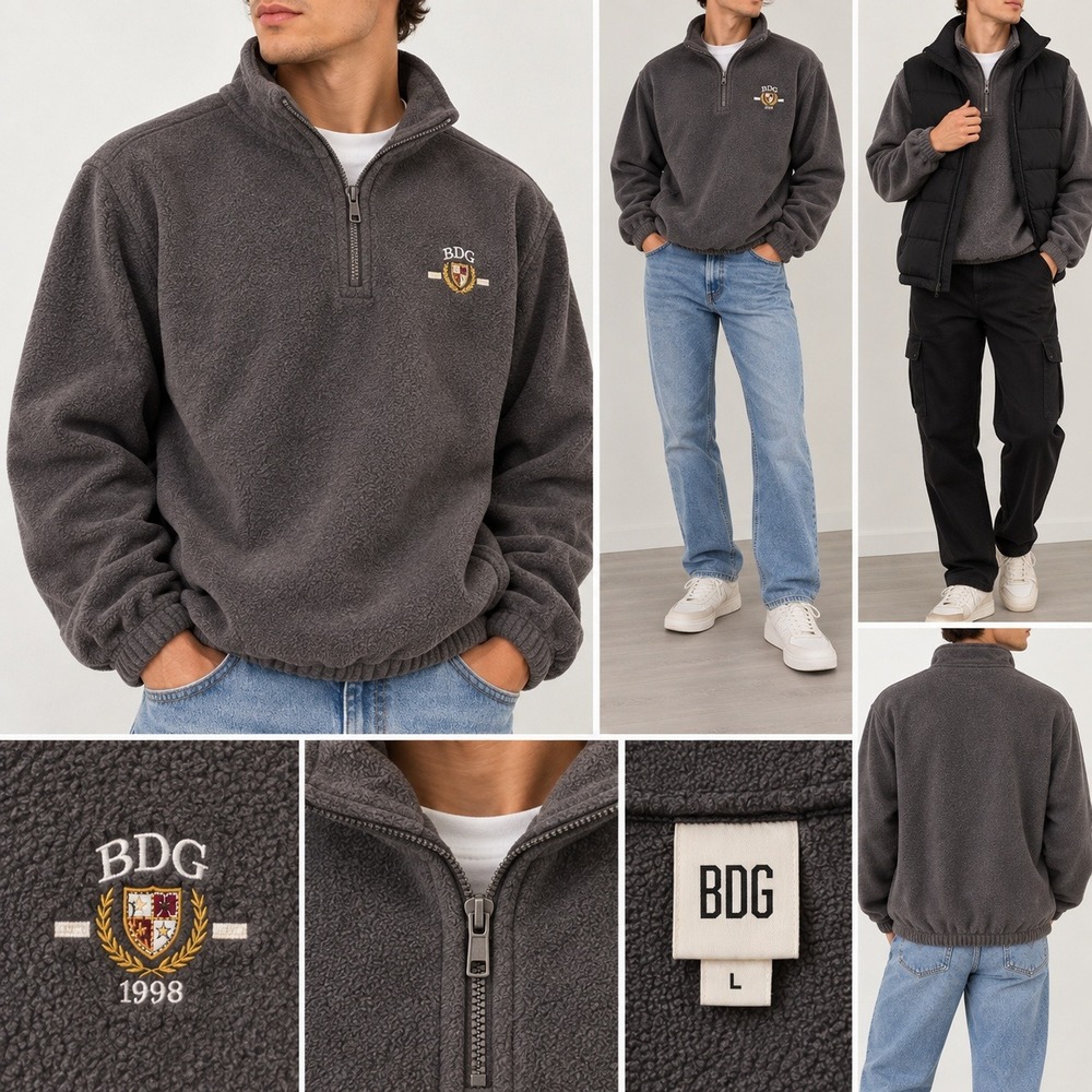 BDG Mens Quarter Zip Fleece Pullover Polyester Streetwear Casual Large
